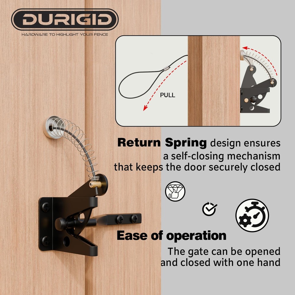 DURIGID Spring Loaded Gate Latch Pull String Fence Latch, Black
