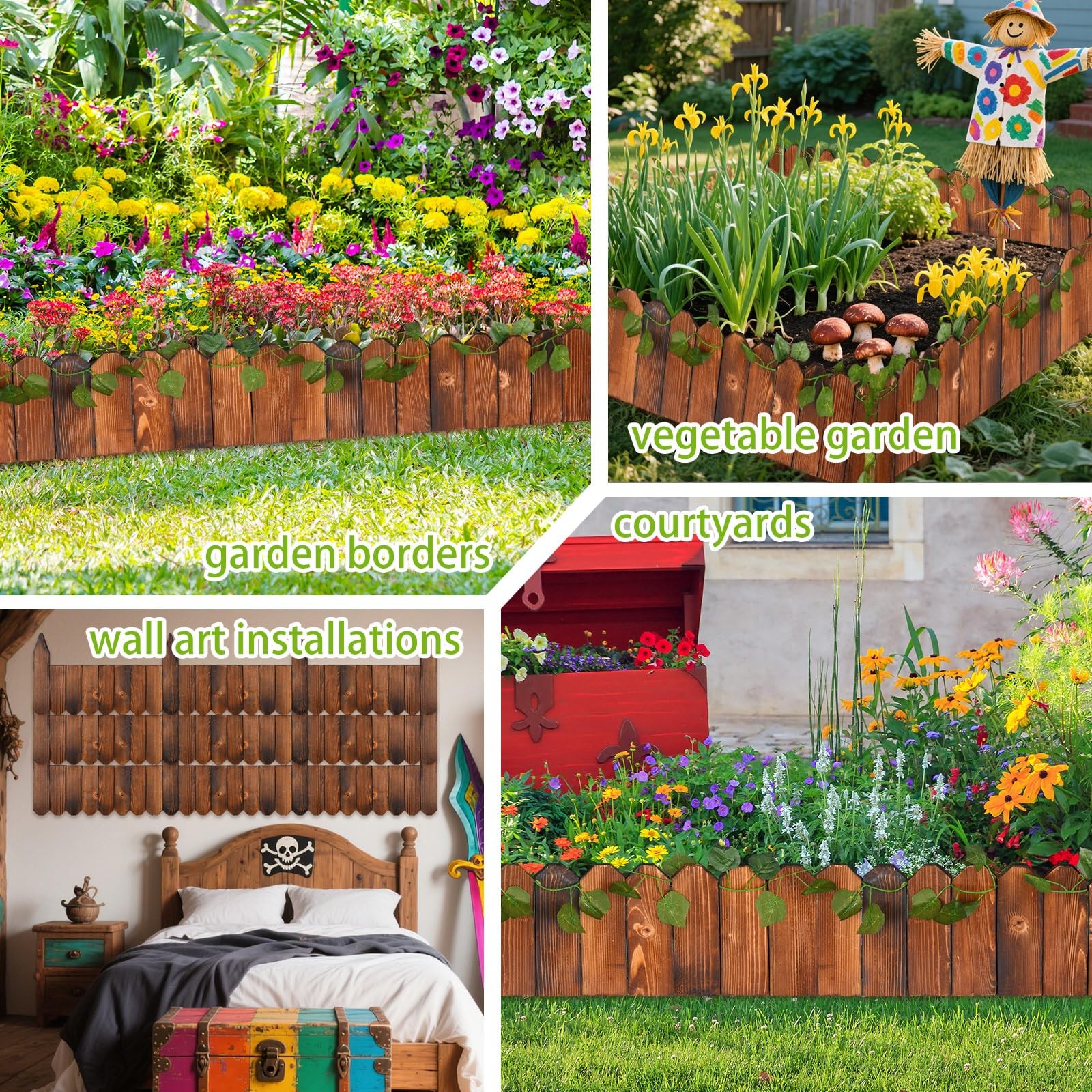 Wood Garden Fence Border Flower Bed Edging for Landscaping, Small Planting Tr...