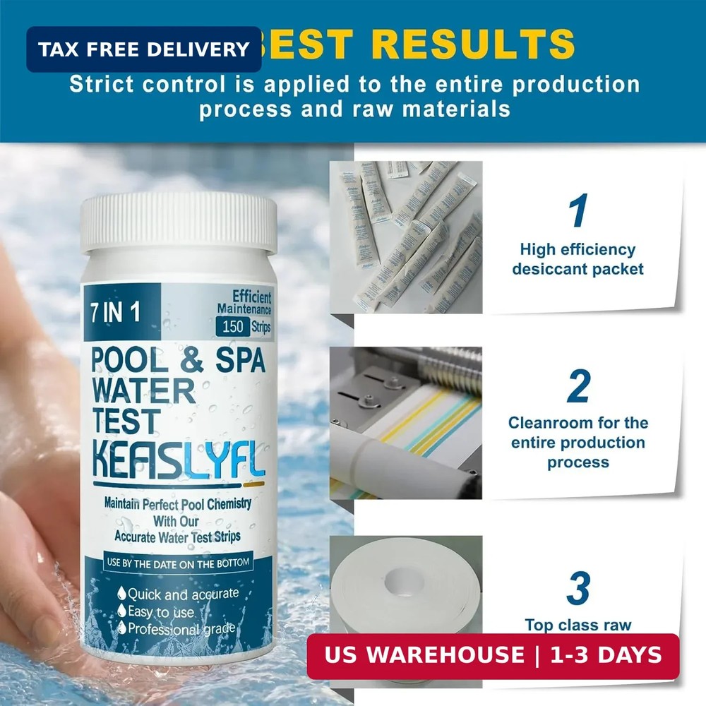 7-Way Pool Test Strips, 150 Strips Quick & Accurate Pool and Spa Test, Pool Wate