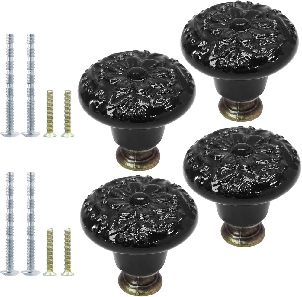 4pcs Black Ceramic Knobs, Vintage & Retro Dresser & Cabinet Knobs, Decorative Dr