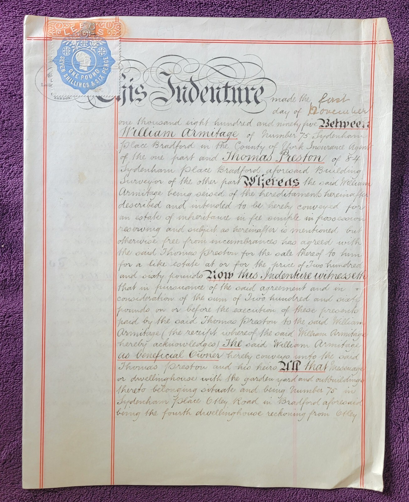 1895 Vellum Indenture. W. Armitage to T. Preston Re: 75 Sydenham Place, Bradford