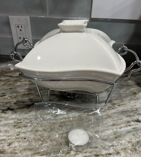 Godinger Silver Art White Wave Style Ceramic Baking Dish w/Wire Chafing Rack