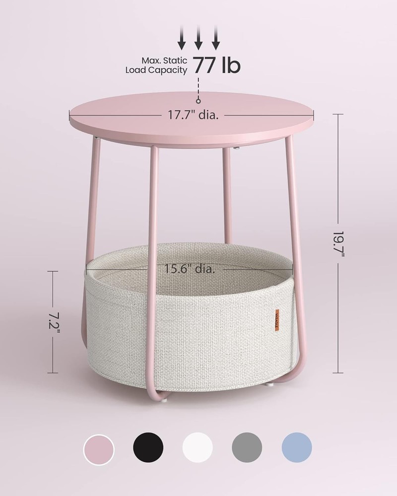 Collection Small Round Side End Table Modern Nightstand W/ Fabric Basket Durable