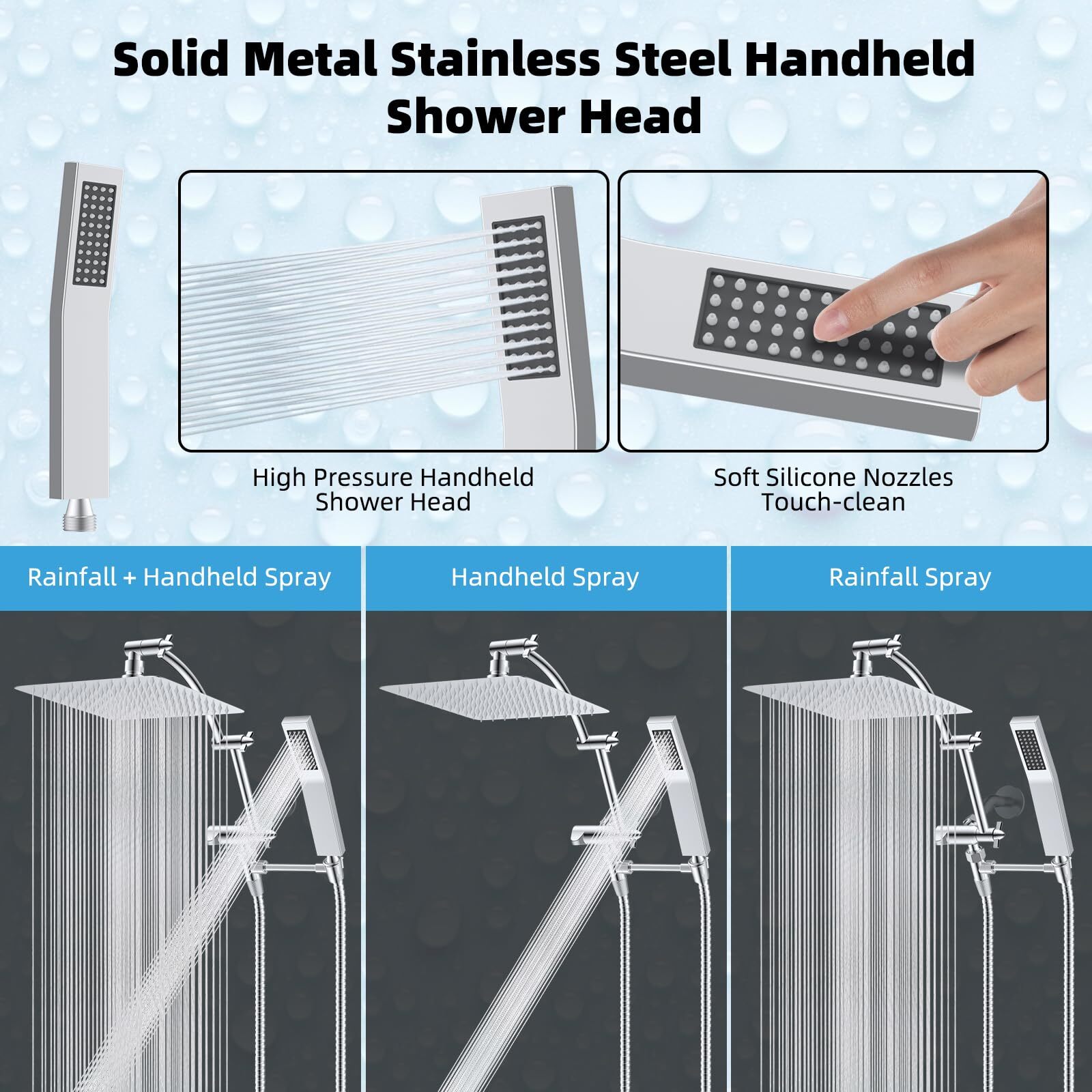 10 inch High Pressure Shower Head Rainfall Shower Head Combo with Handheld Spray