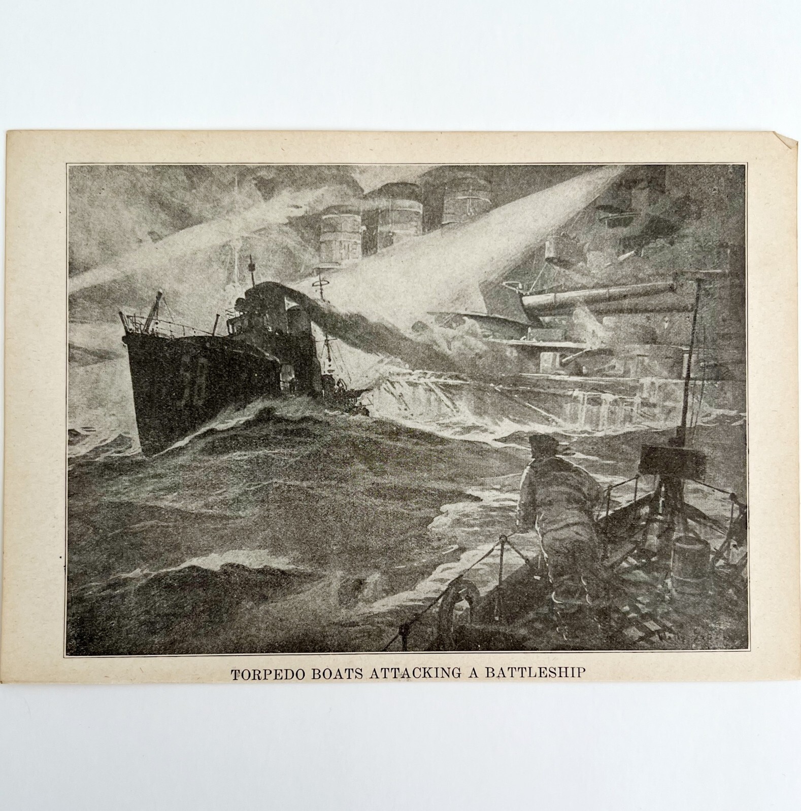 1914 WW1 Print Torpedo Boats Attack Battleship Antique Military Collectible