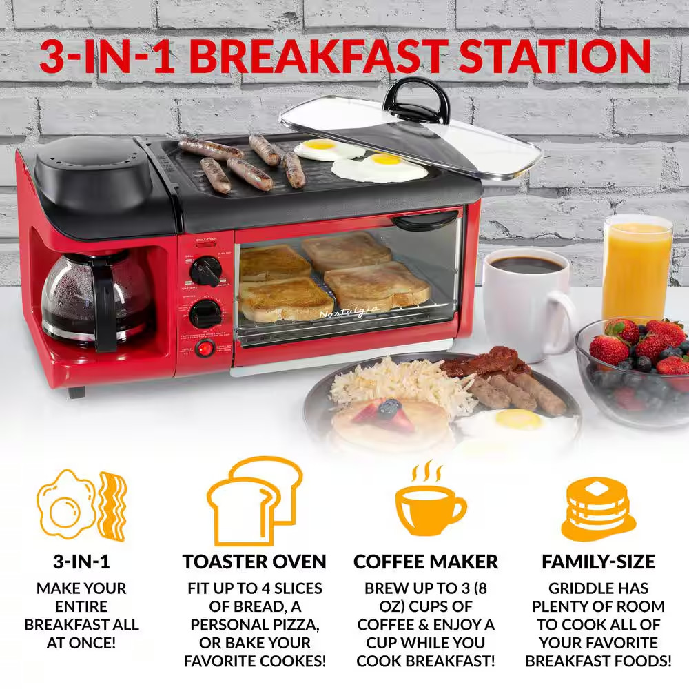 1500 W 4-Slice Red Toaster Oven Breakfast Station