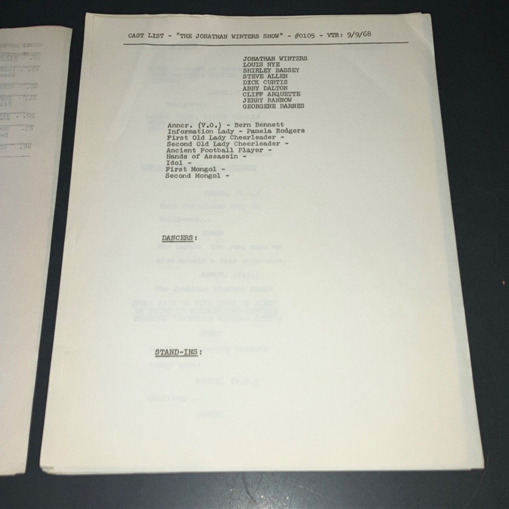 JONATHAN WINTERS SHOW (2-19-69) Classic Variety Production Script + COA!