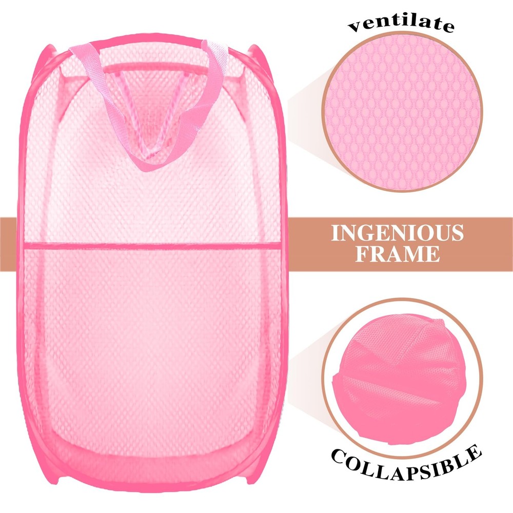 Collapsible Pop Up Laundry Hamper, Mesh Foldable Extra Large, 2P Black+Pink