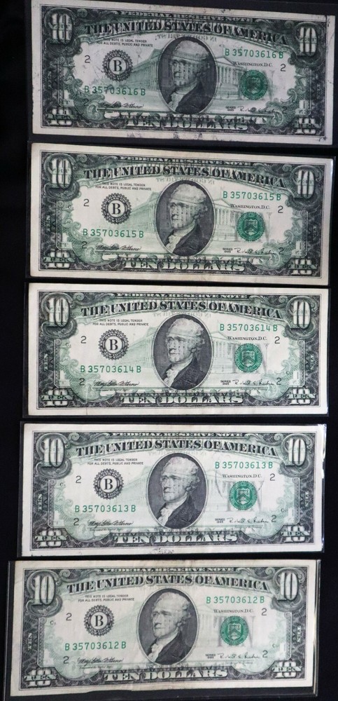 1995 $10 Offset Printing Error On Front 5 AMAZING NOTES, ALMOST UNCIRCULATED