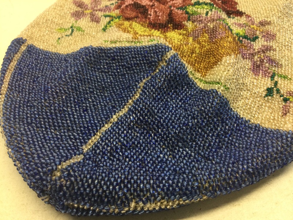 Antique Beaded Roses Drawstring Bag Purse