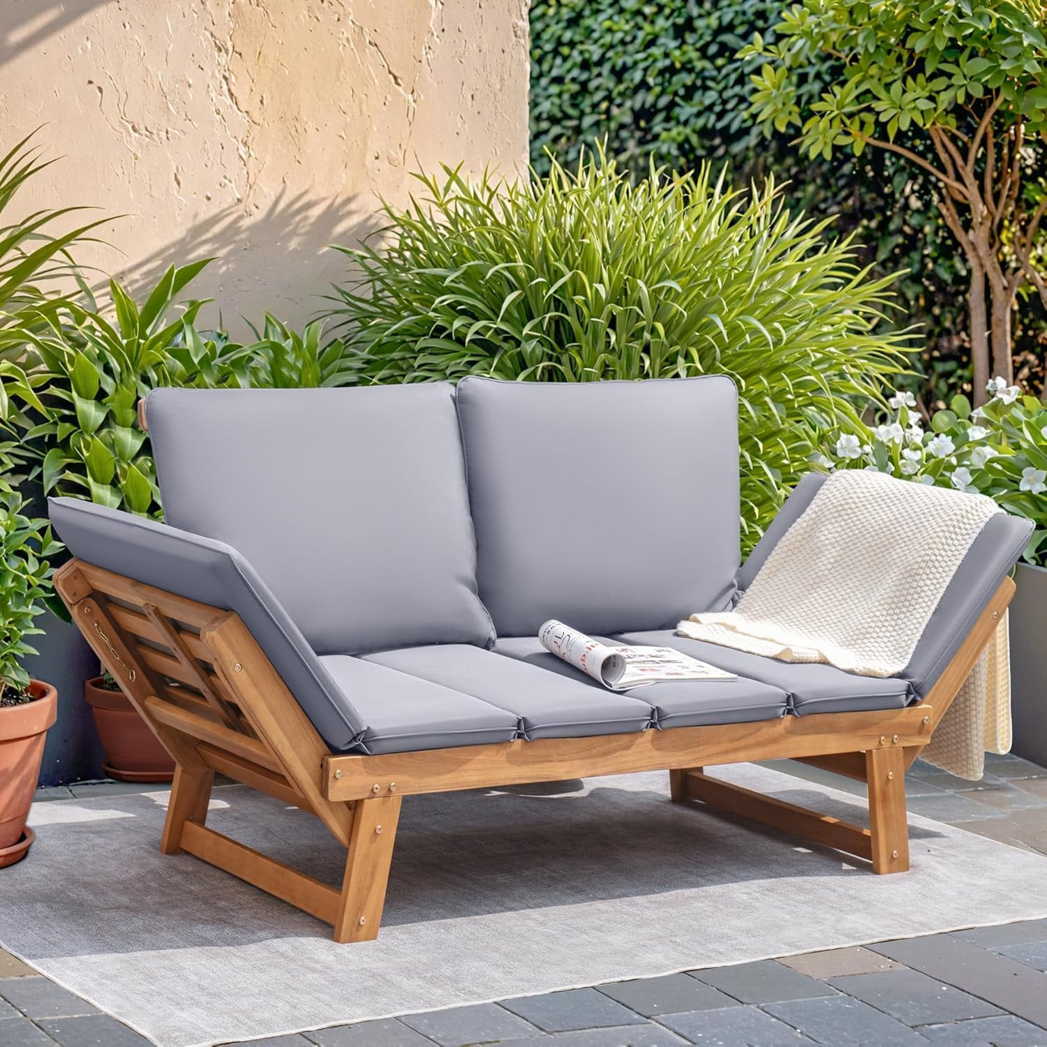 Outdoor Couch Acacia Wood Patio Couch with Adjustable Armrests, Outdoor Converti