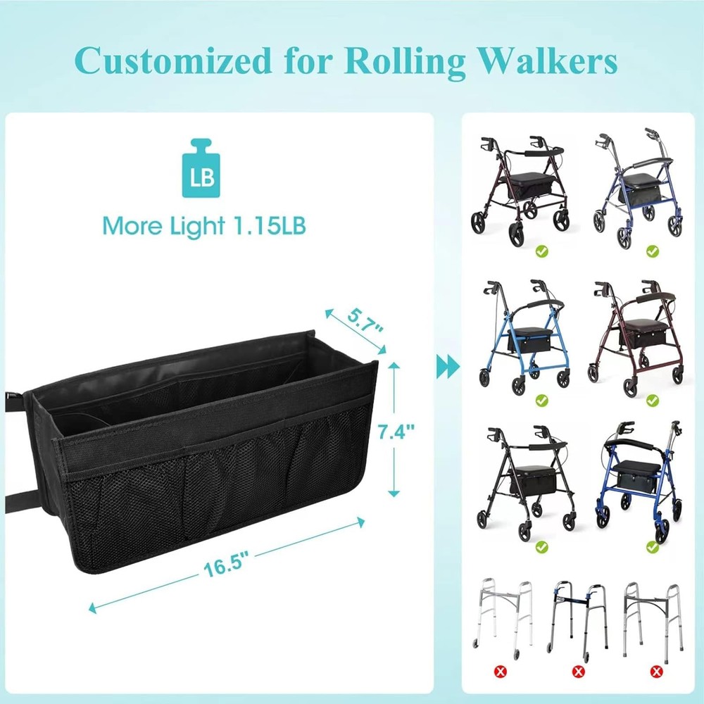 Dotday Rollator Basket, Walker Bag with Cup Holder, Folding Black
