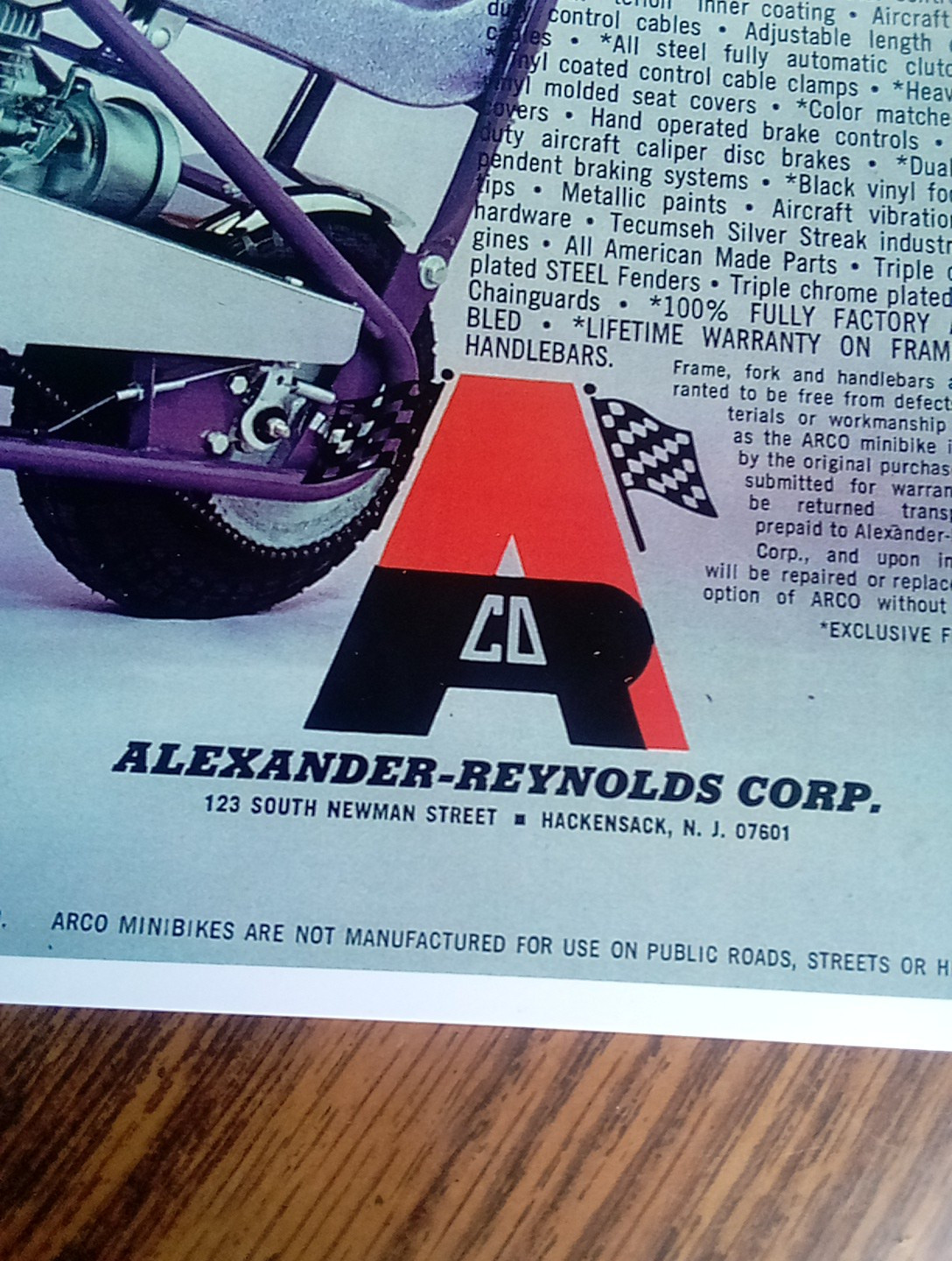 Vintage Alexander Reynolds Corp ARCO Model 4951 Mini Bike Brochure Ad Reprint