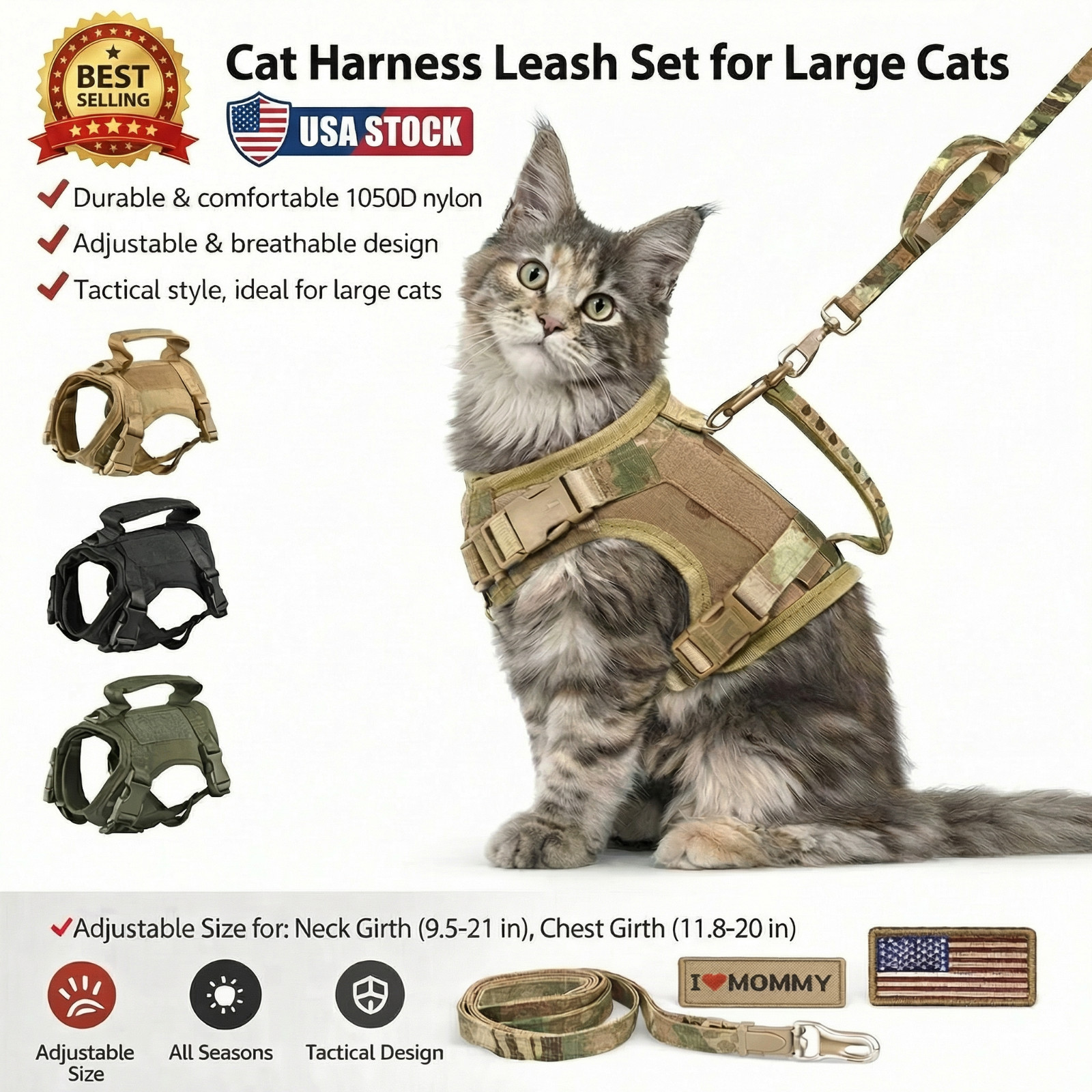 Tactical Cat Harness Leash Set 9 Patches, Large Cat Puppy Vest Size Adjustable