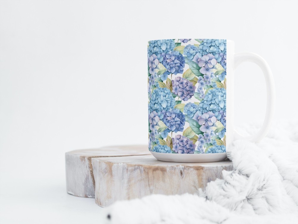 Blue Hydrangeas Coffee Tea Mug Cup 15 Oz Ceramic, Floral Pattern by Mugzan