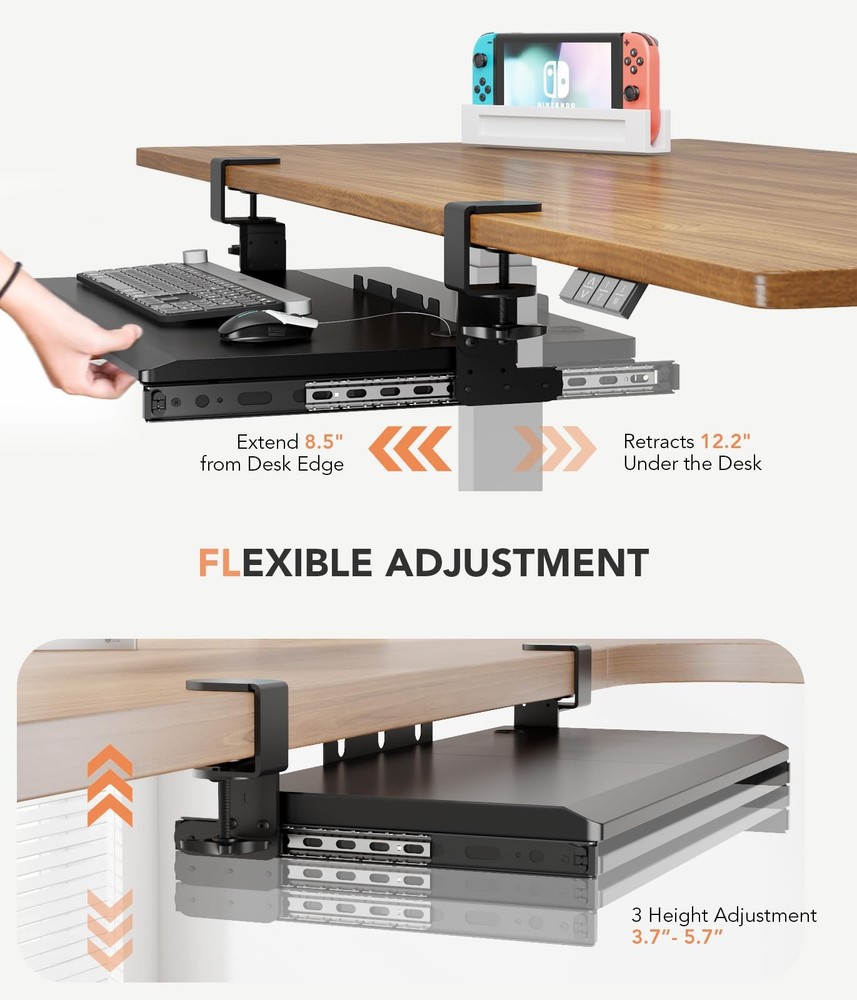 Keyboard Tray Under Desk Pull Out with Extra Sturdy C Clamp Mount System, 27.3