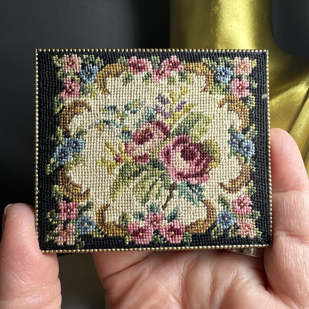 Vintage Compact Mirror Needlepoint Petit Point