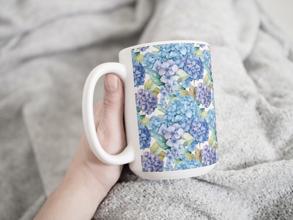Blue Hydrangeas Coffee Tea Mug Cup 15 Oz Ceramic, Floral Pattern by Mugzan