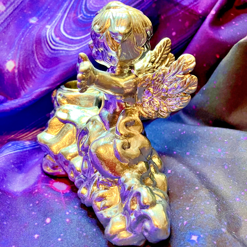 Two Silver Colored Ceramic Baby Cherub Candlestick Holders