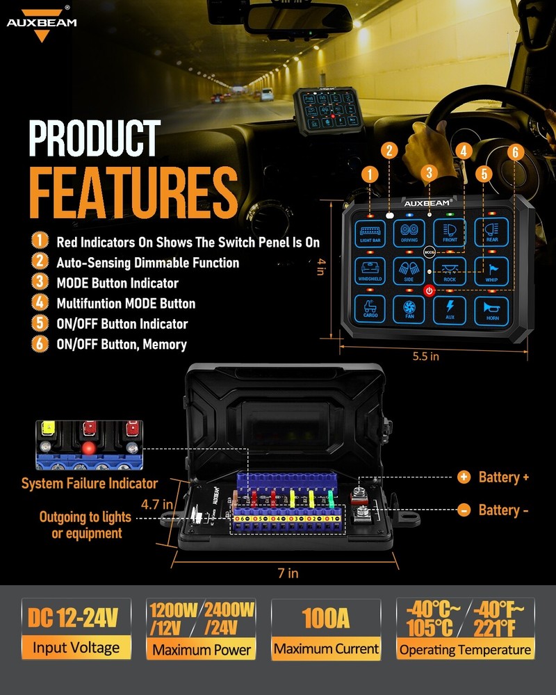 AUXBEAM RGB 12 Gang Switch Panel On-Off LED Car Switch Panel Circuit Control Box