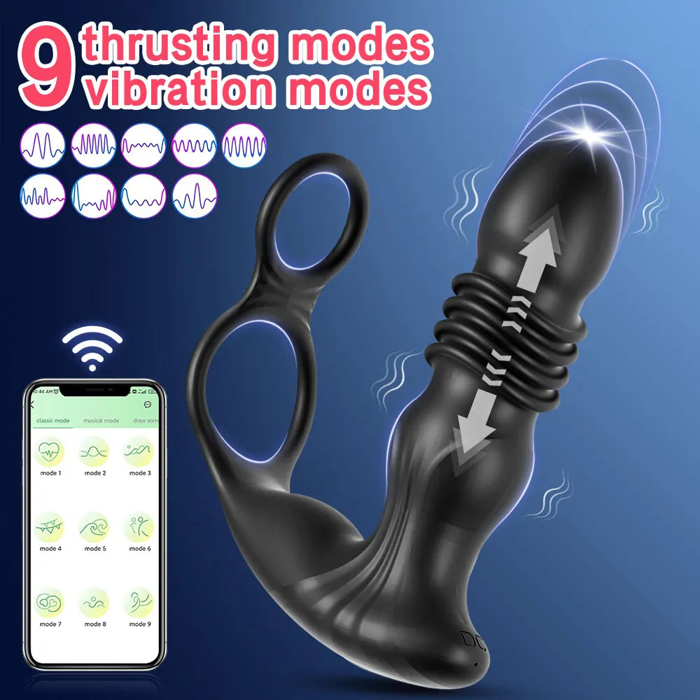 Prostate Massager Anal Vibrator Thrusting Vibrating with Cock Ring Butt Plug APP
