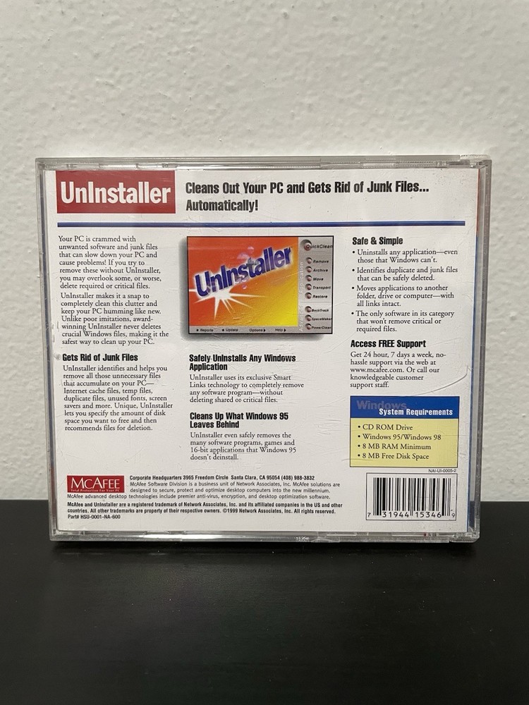 McAfee Uninstaller CD Cleans Windows Automatically 95 / 98 PC Computer Software
