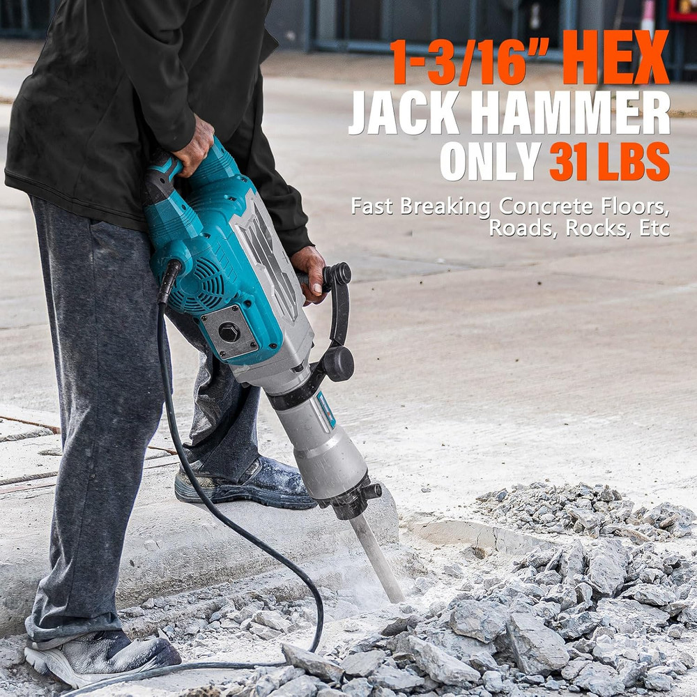 Powerful 30 lb Demolition Jack Hammer with 4 Hex Chisels - Point & Flat Tips
