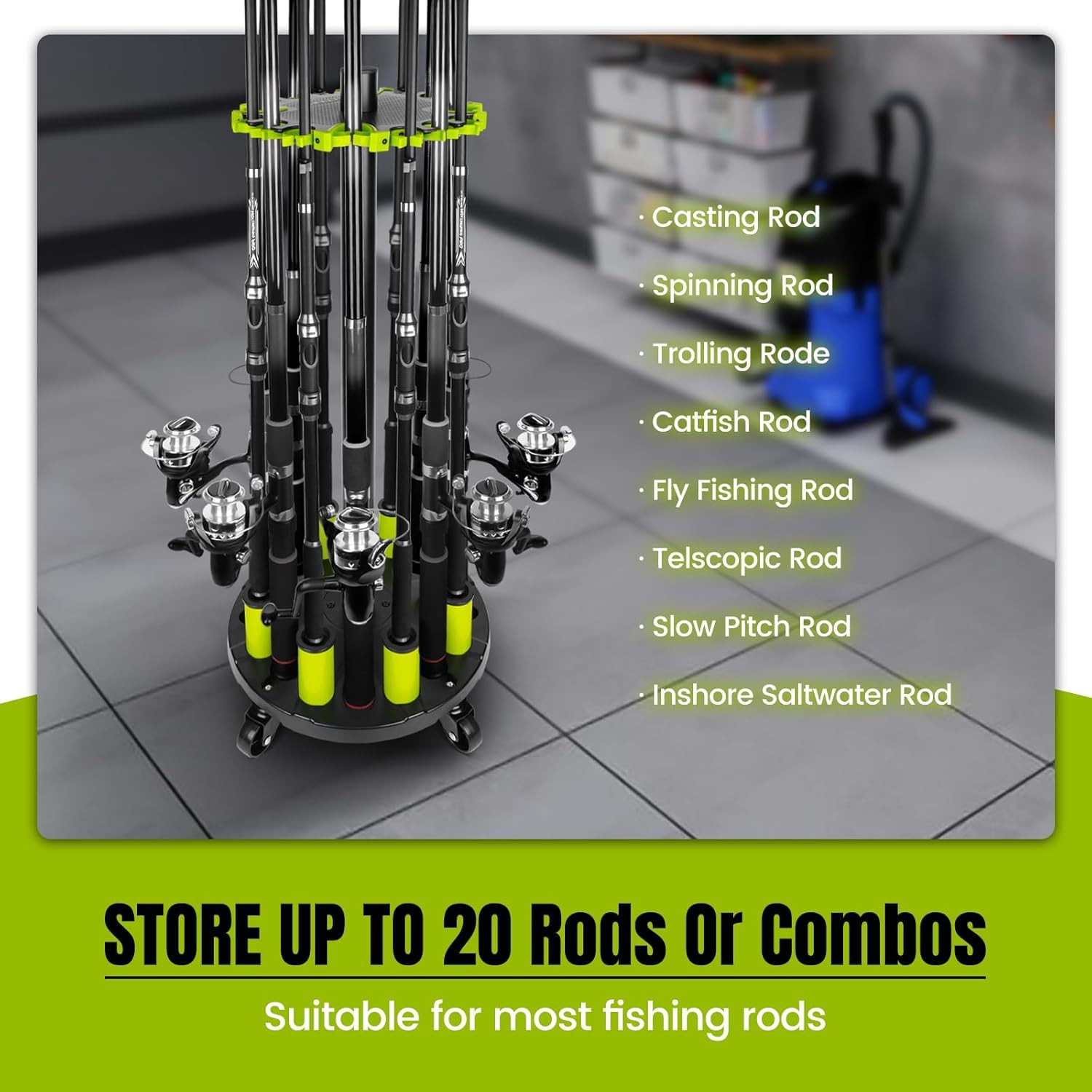 Fishing Rod Holder for Garage, Rod Rack Holds Up to 20 Rods with Rolling Wheels