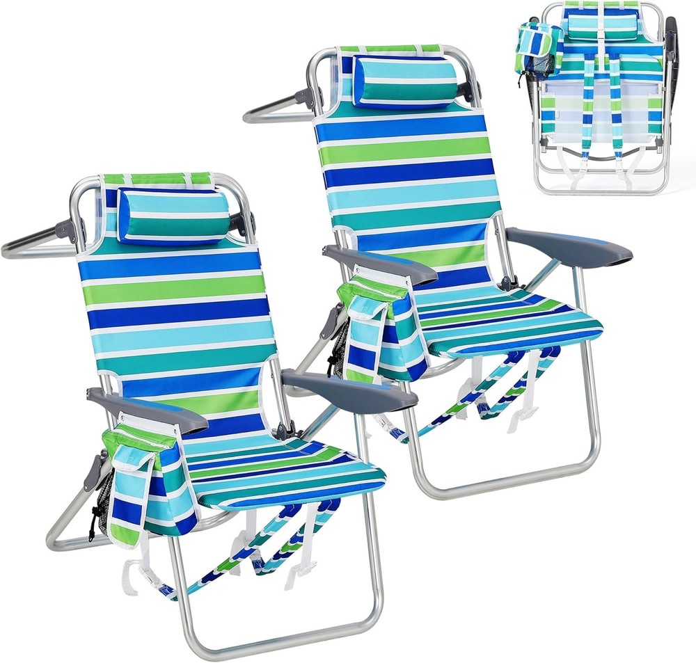 2 PCS Backpack Beach Chairs Lightweight Folding Chairs with Adjustable Backrest