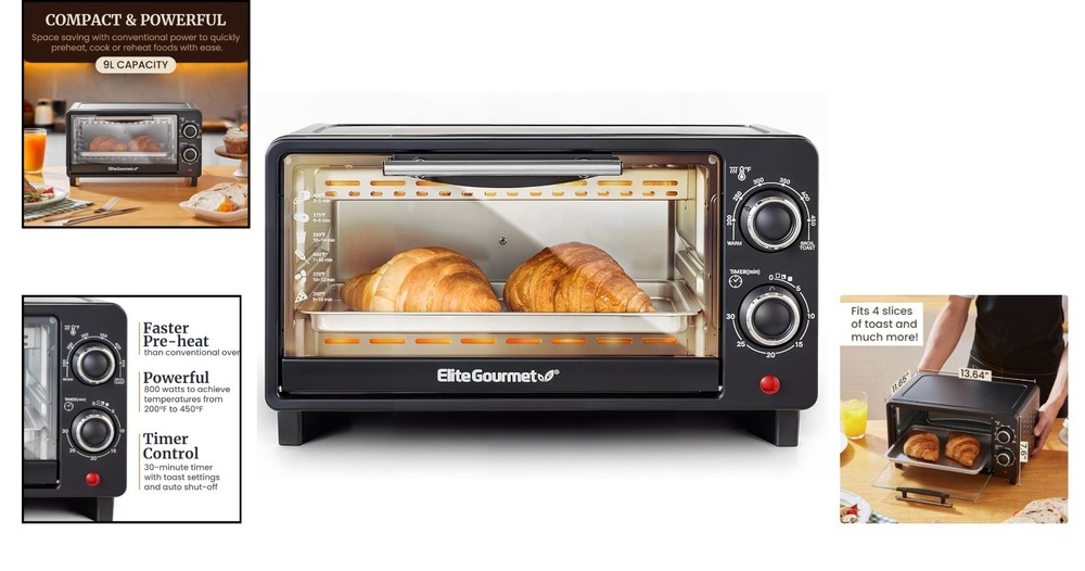 9L Compact Toaster Oven with Adjustable Temperature & 30-Minute Timer, Black