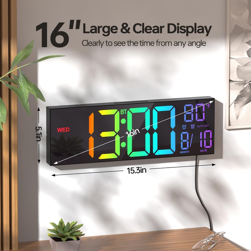 JALL 16.2" Large Digital Wall Clock with Seconds, Bluetooth Sync, A... Fast Ship