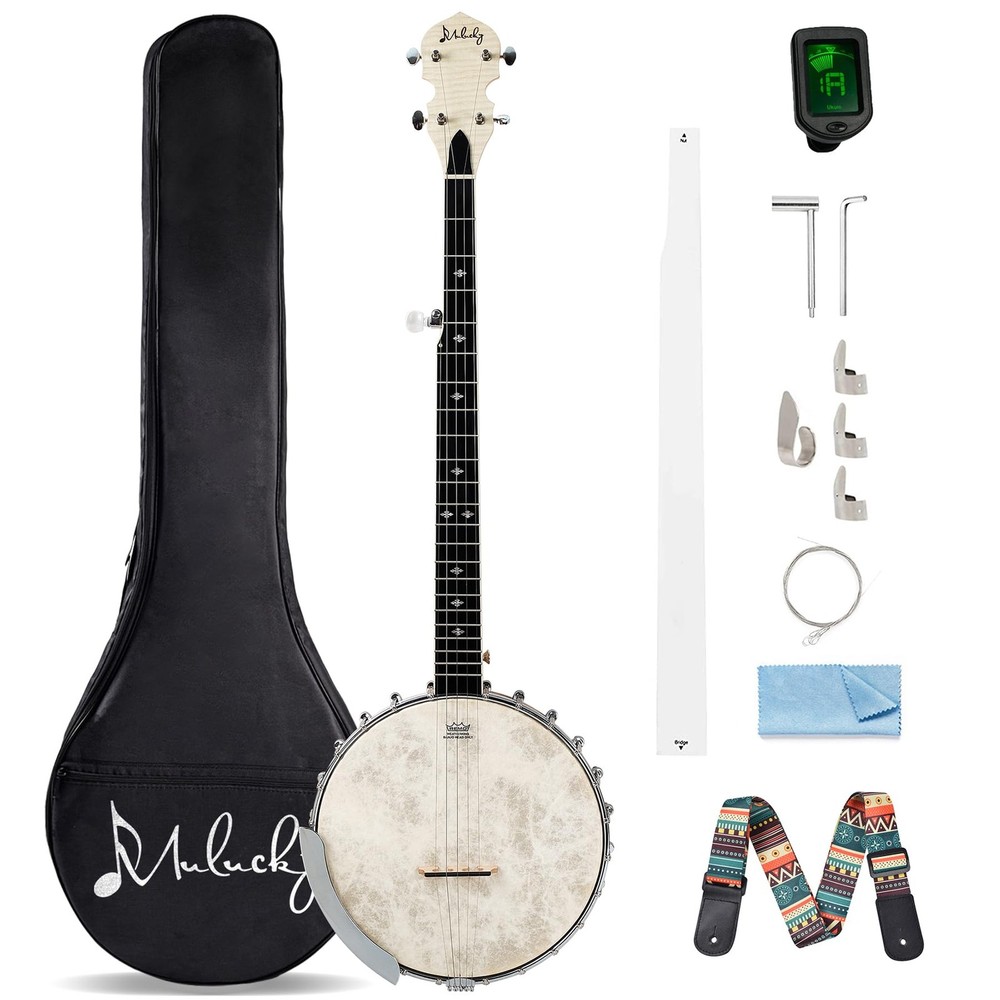 5 String Banjo - Full Size with 24 Brackets, Open Back, Maple Banjo with Remo...
