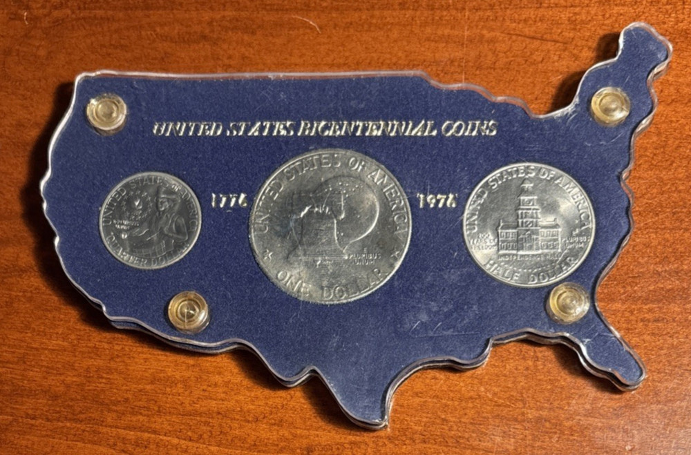 1776 - 1976 Bicentennial Coins Set In USA Map Display Case.