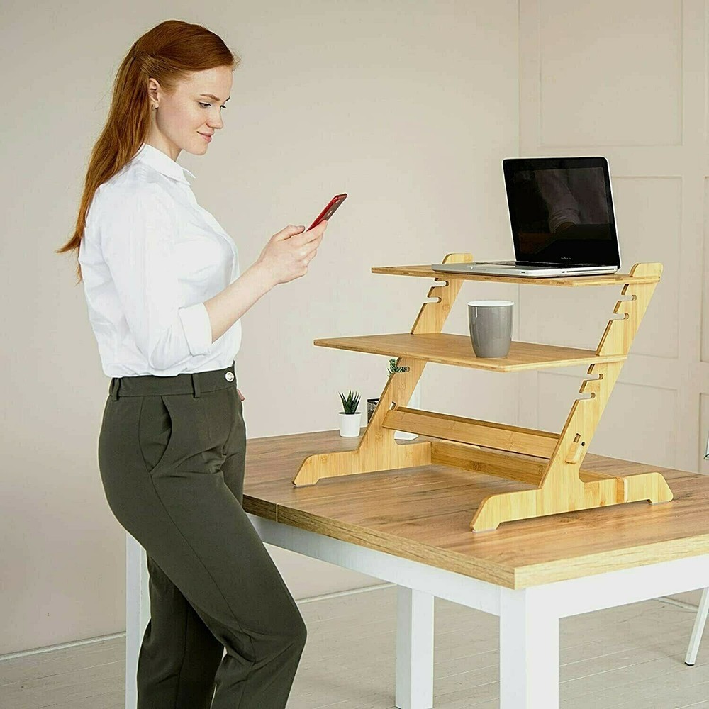 Standing Desk Converter Natural Bamboo Adjustable Sit Stand Riser Workstation