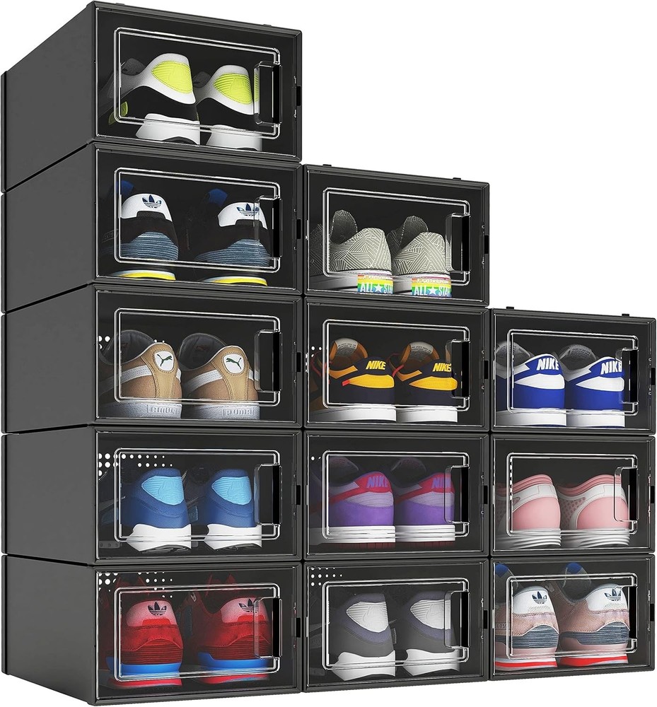 12 Pack Shoe Storage Box Fit Size 11,Clear Plastic Stackable Shoe Case Black