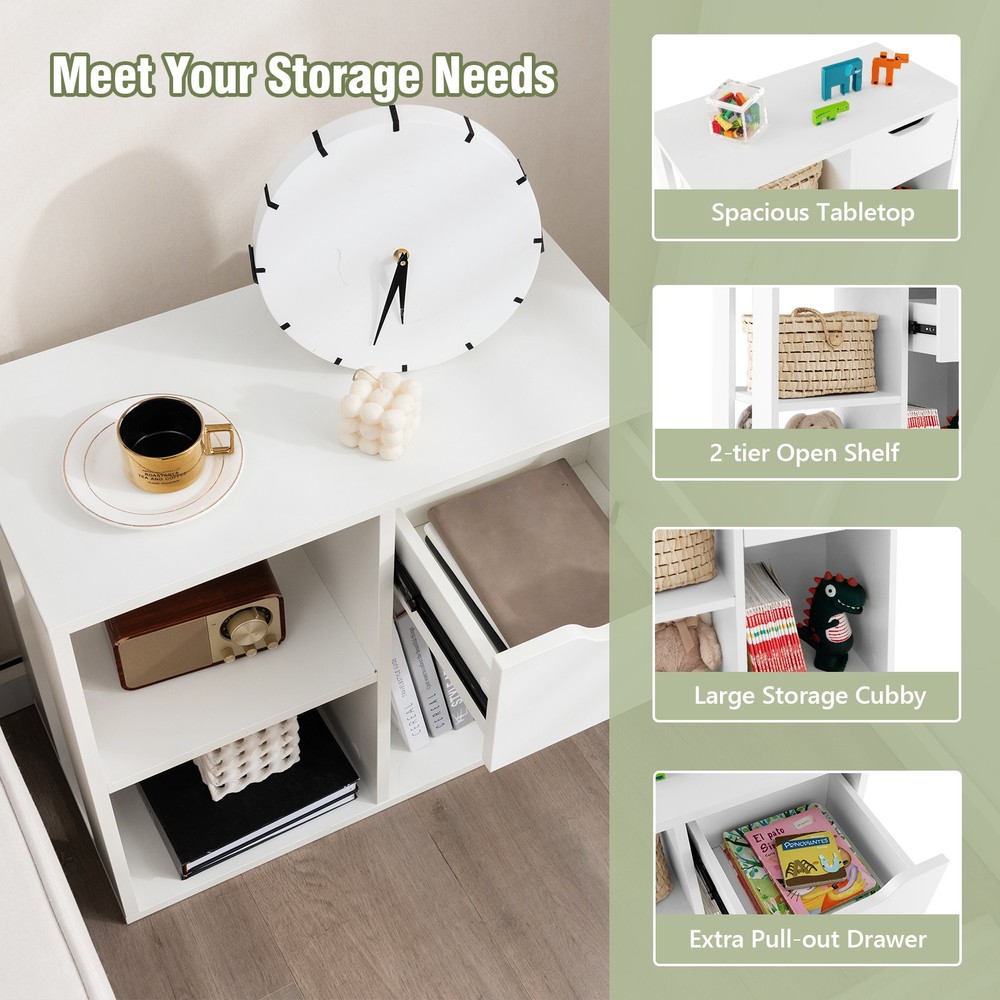 3-tier Side Table w/Storage Shelf & Drawer End Table Nightstand Bedroom White