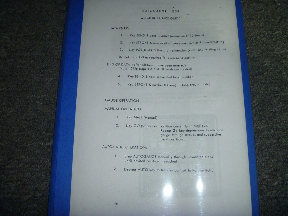 AutoMec G24 Autogauge Heavy Duty Backgauge Operator Quick Reference Guide Manual