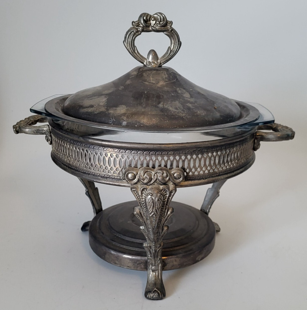 Vintage Silverplate Covered Round Footed Buffet Serving Dish 9" Glass Marinex