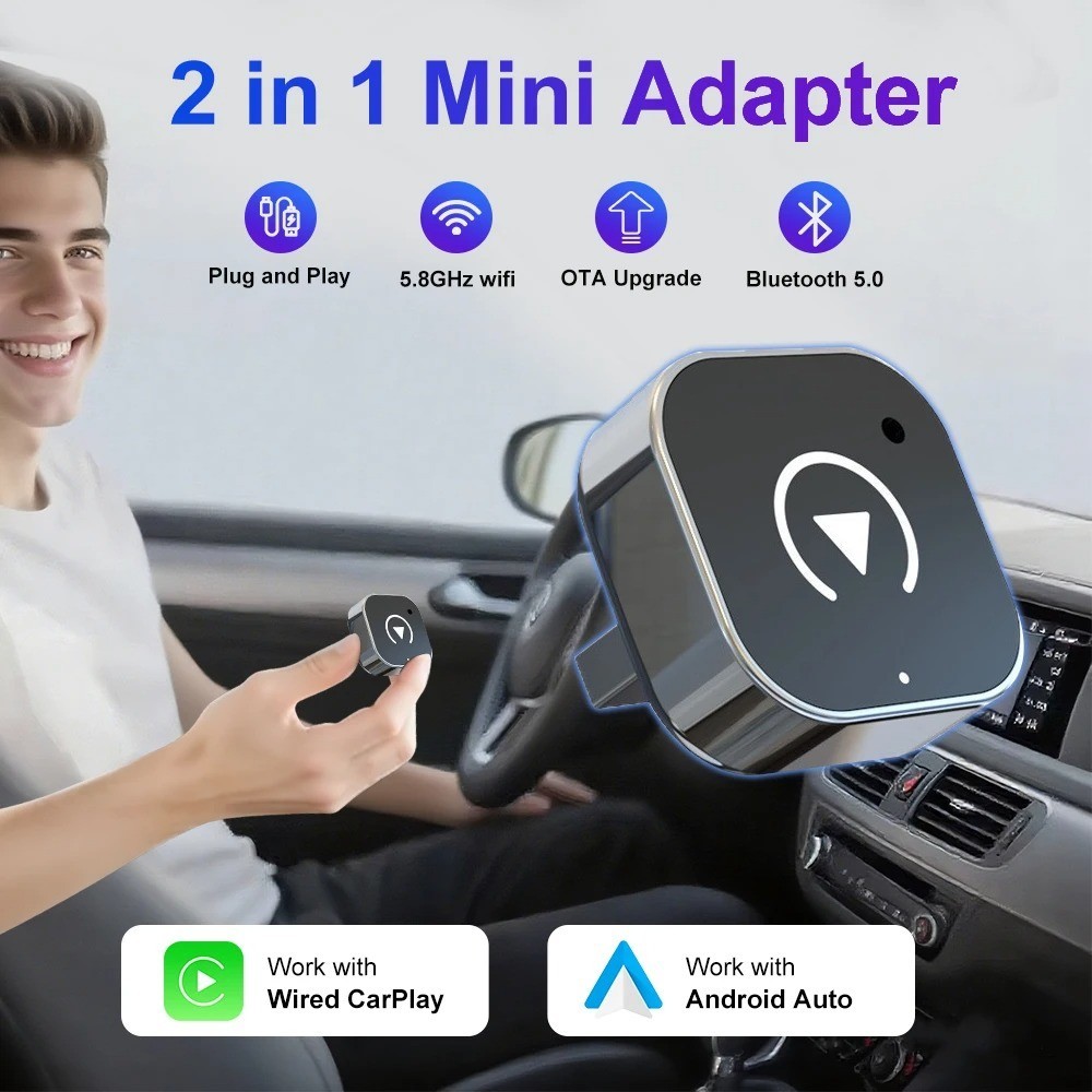 Wireless CarPlay Adapter 2-in-1 Android Auto Dongle Plug & Play USB