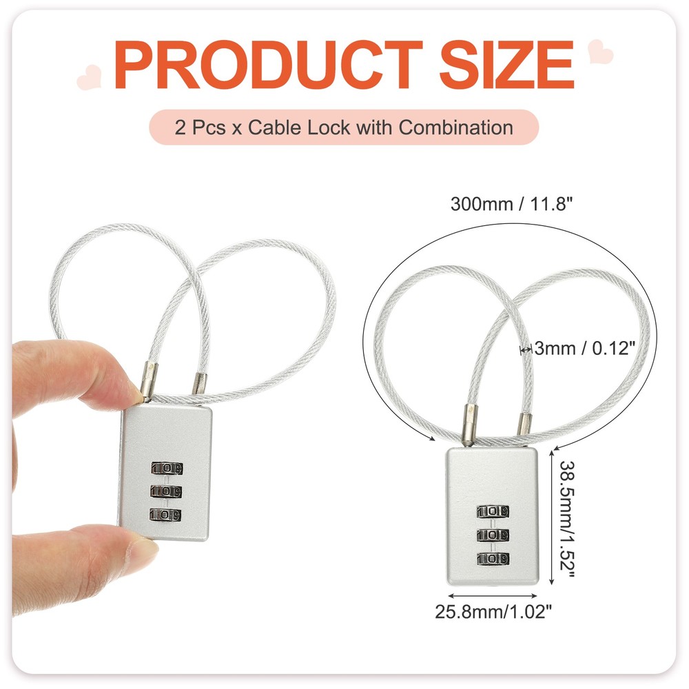 2 Pcs 3 Digit Cable Lock with Combination 11.8" Steel Rope Silver