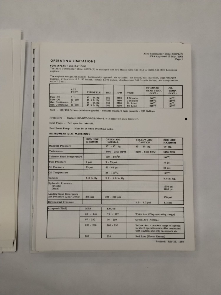 Pressurized Grand Commander 1969 Model 680FL(P) Flight Manual-Original