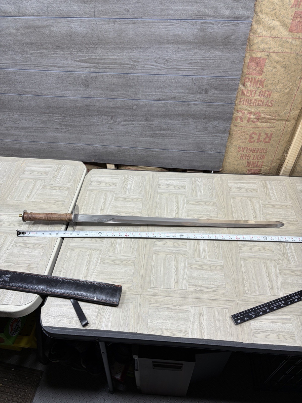 Pakistan Reproduction Battle Sword W Leather Sheath Wood Handle Metal Blade Vtg