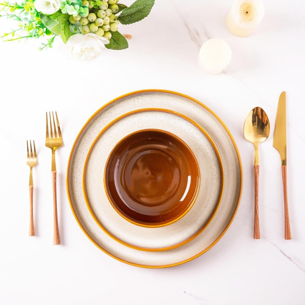 LERATIO Ceramic Dinnerware Sets for Service 8 （24pcs）, Modern-Kahki