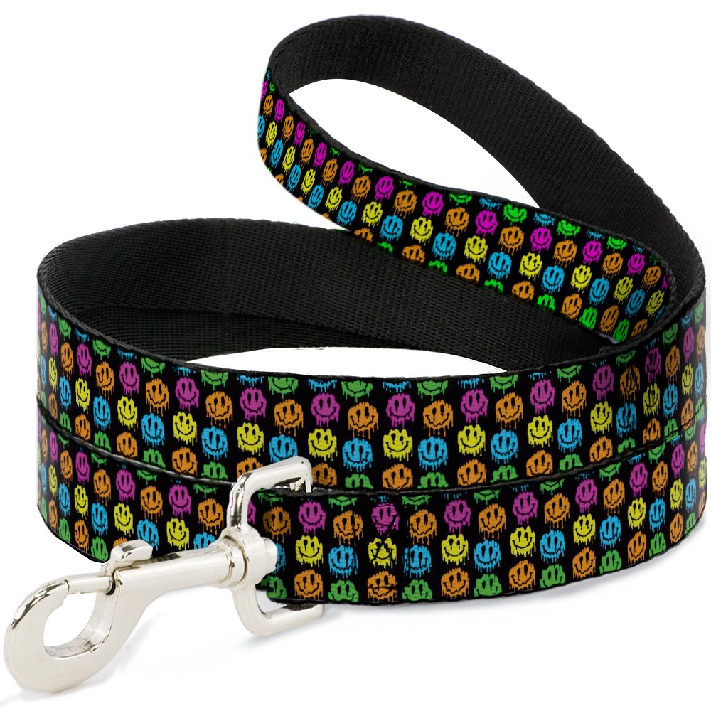 Dog Leash Smiley Faces Melted Mini Repeat Black/Multi Neon NARROW 0.5"