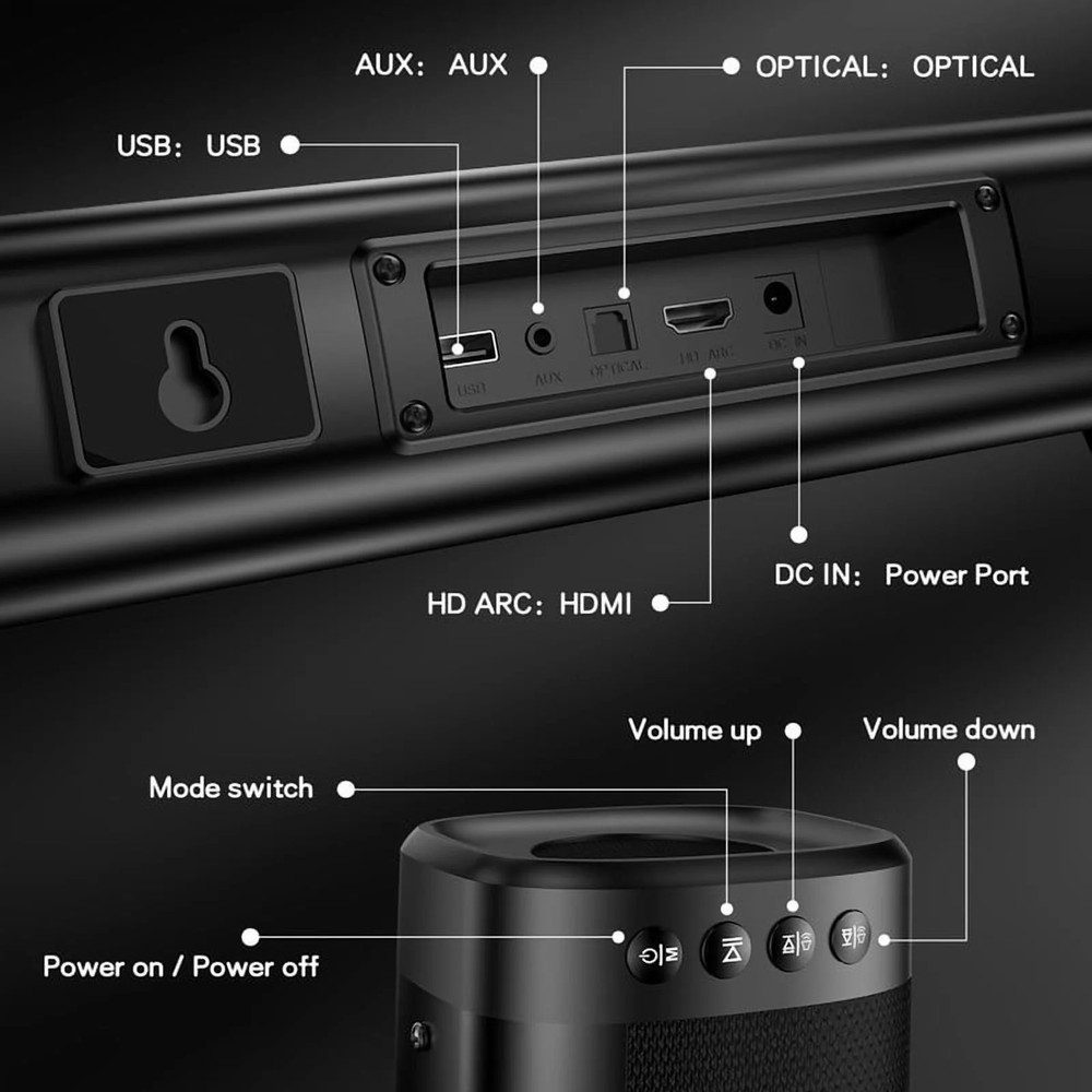 100W Detachable Soundbar 2.2CH 3D Sound Bluetooth HDMI ARC Optical AUX USB