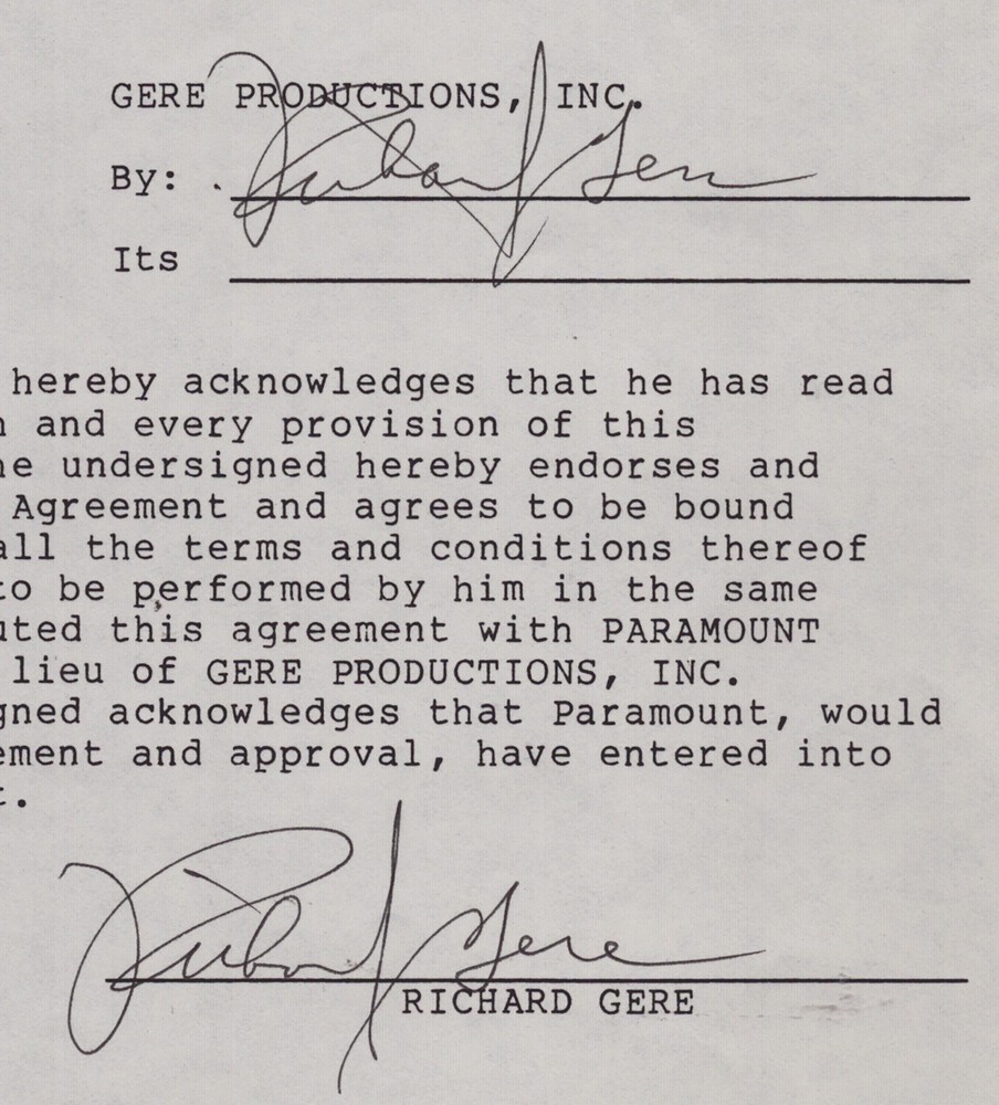 RICHARD GERE - DOCUMENT DOUBLE SIGNED 10/28/1985