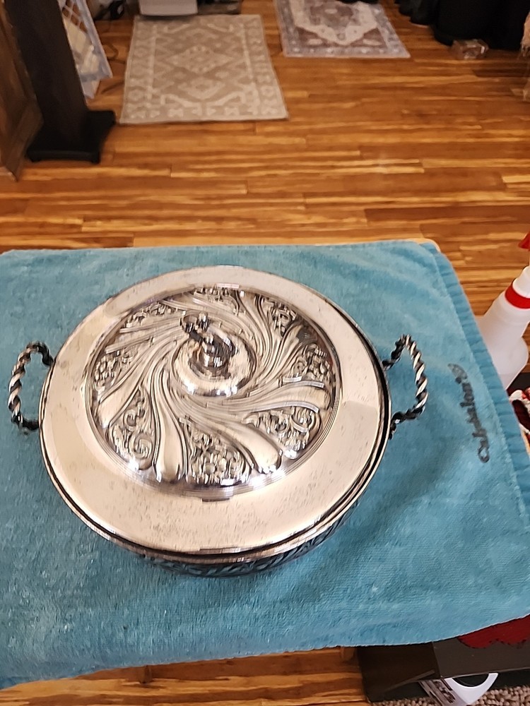 silver plate covered serving dish.  James W. Tufts Piece