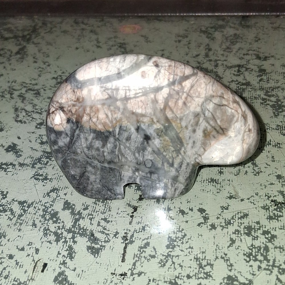 2" Stone Bear Carving Black White Dendritic Pattern Decorative