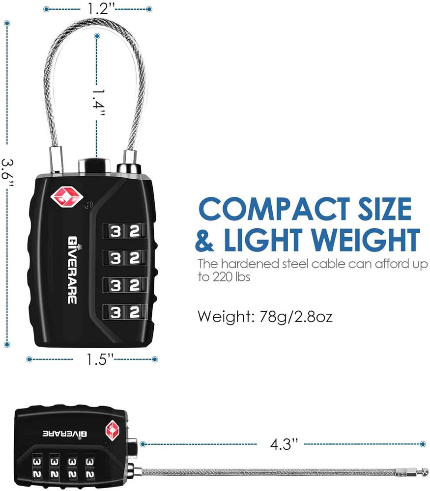 2-Pack TSA Cable Combo Locks 4-Digit, TSA Approved, Weatherproof, Black & Silver