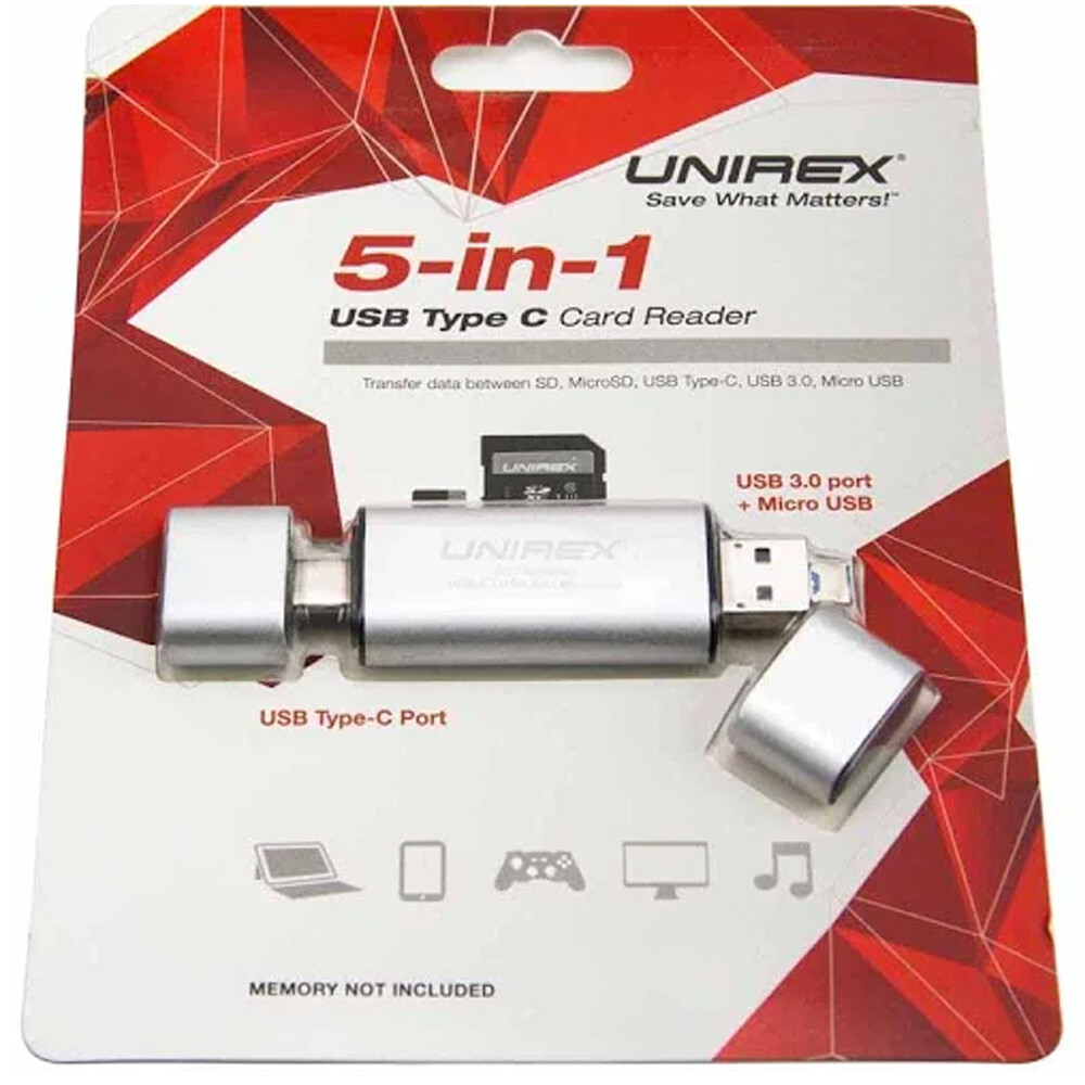 Unirex 5-in-1 Type C 3.0 USB Card Reader for SD, Micro SD, USB 3.0, Micro USB